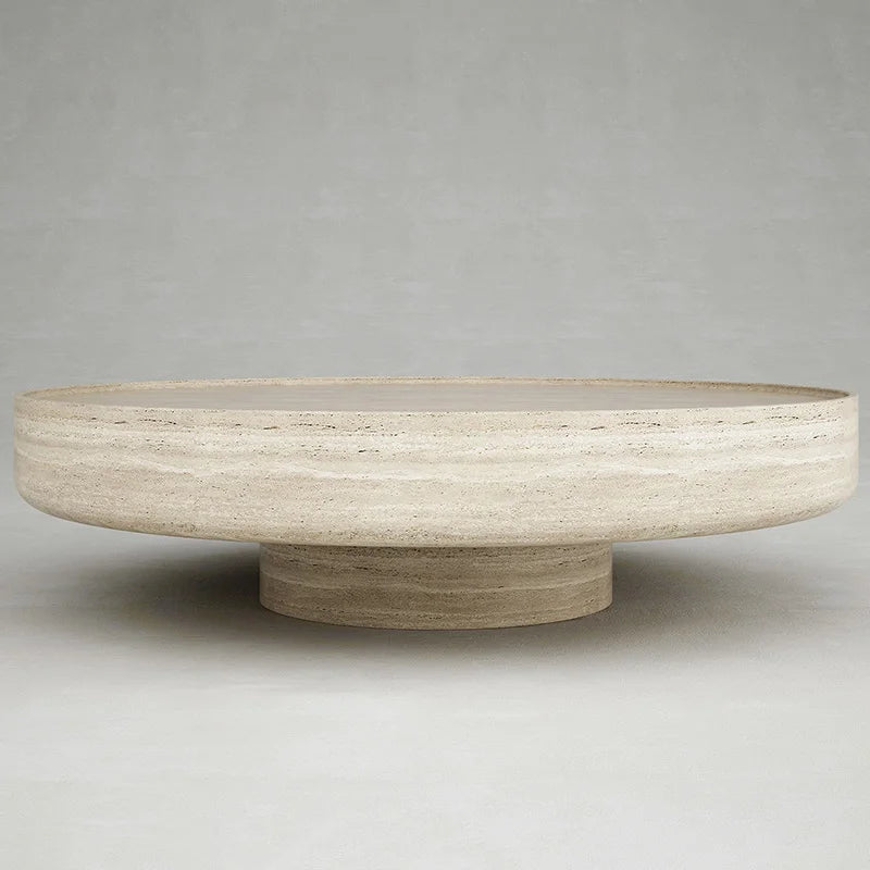 Natural Travertine Marble Coffee Table Round Thick Disc Top Single Cylinder Base Minimalist Living Room Center Table Dream Home