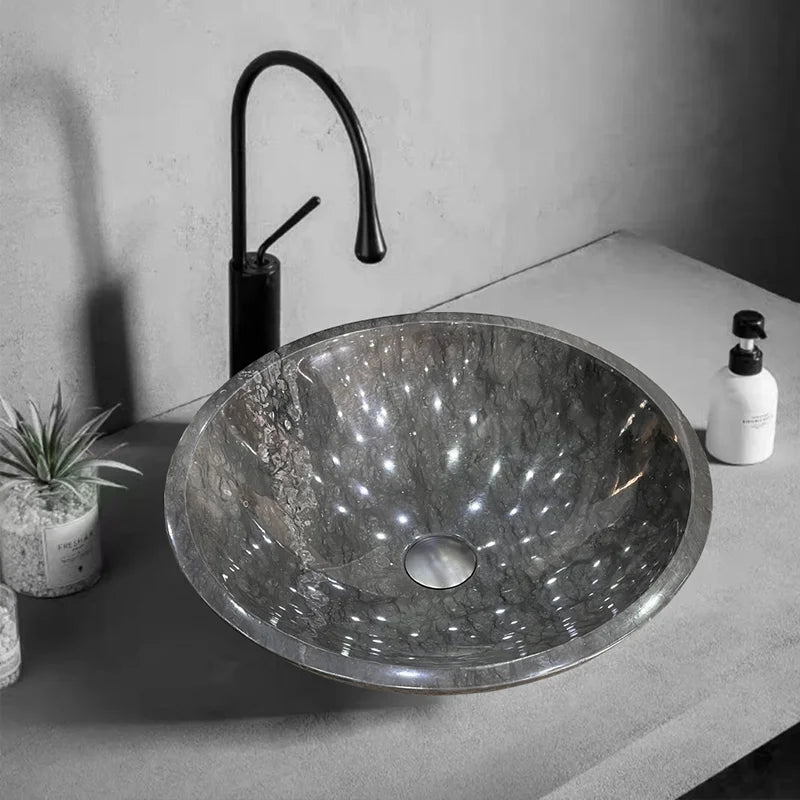 Viral Classic Round Marble Vessel Basin Diverse Natural Mineral Vein Freestanding On Counter Sink Wabi Sabi Bathroom Fixture - Image 9
