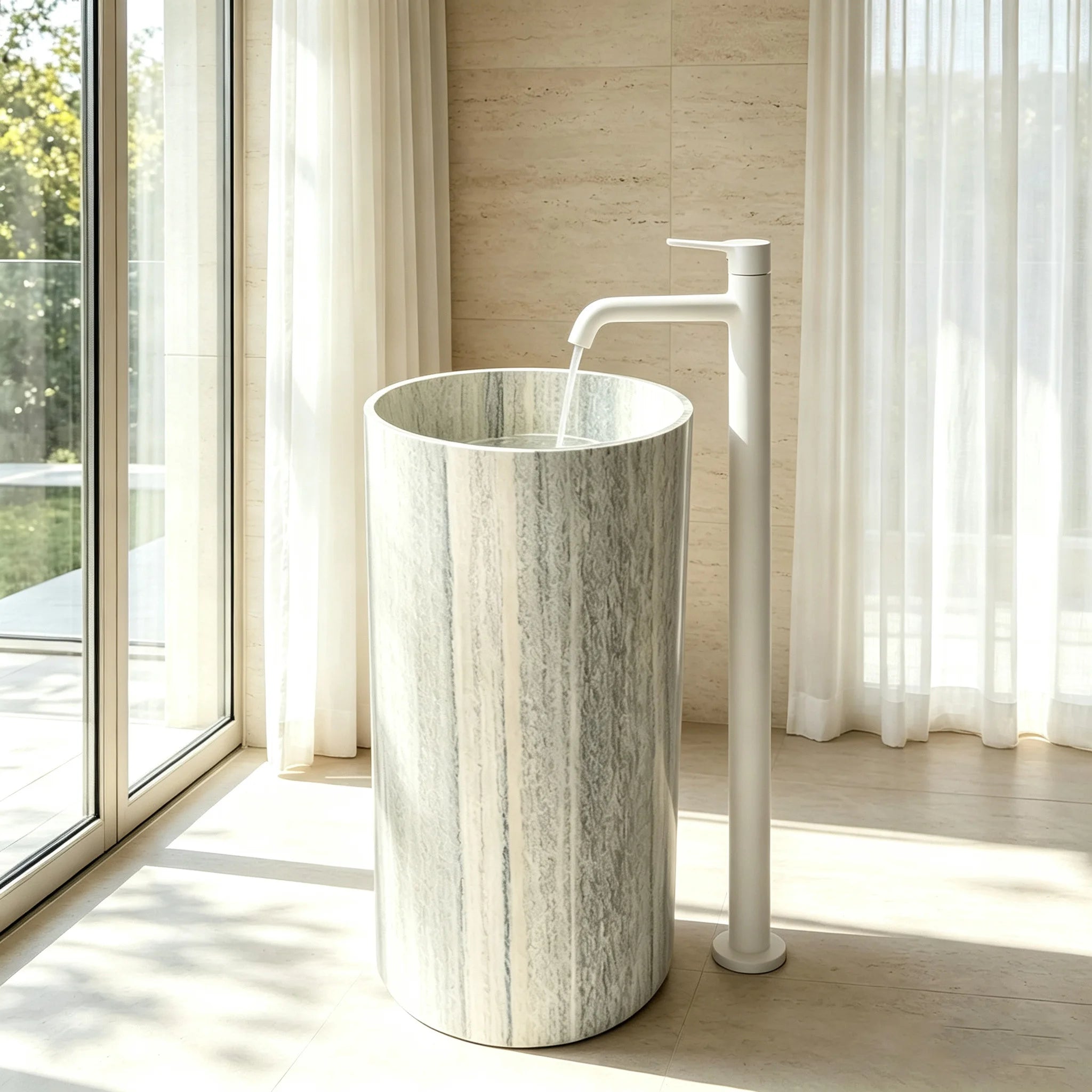 Top Selling Slim Round Freestanding Lavatory Distinct Vertical Striped Travertine Marble Villa & Residential Bathroom Wash Sink - Image 5