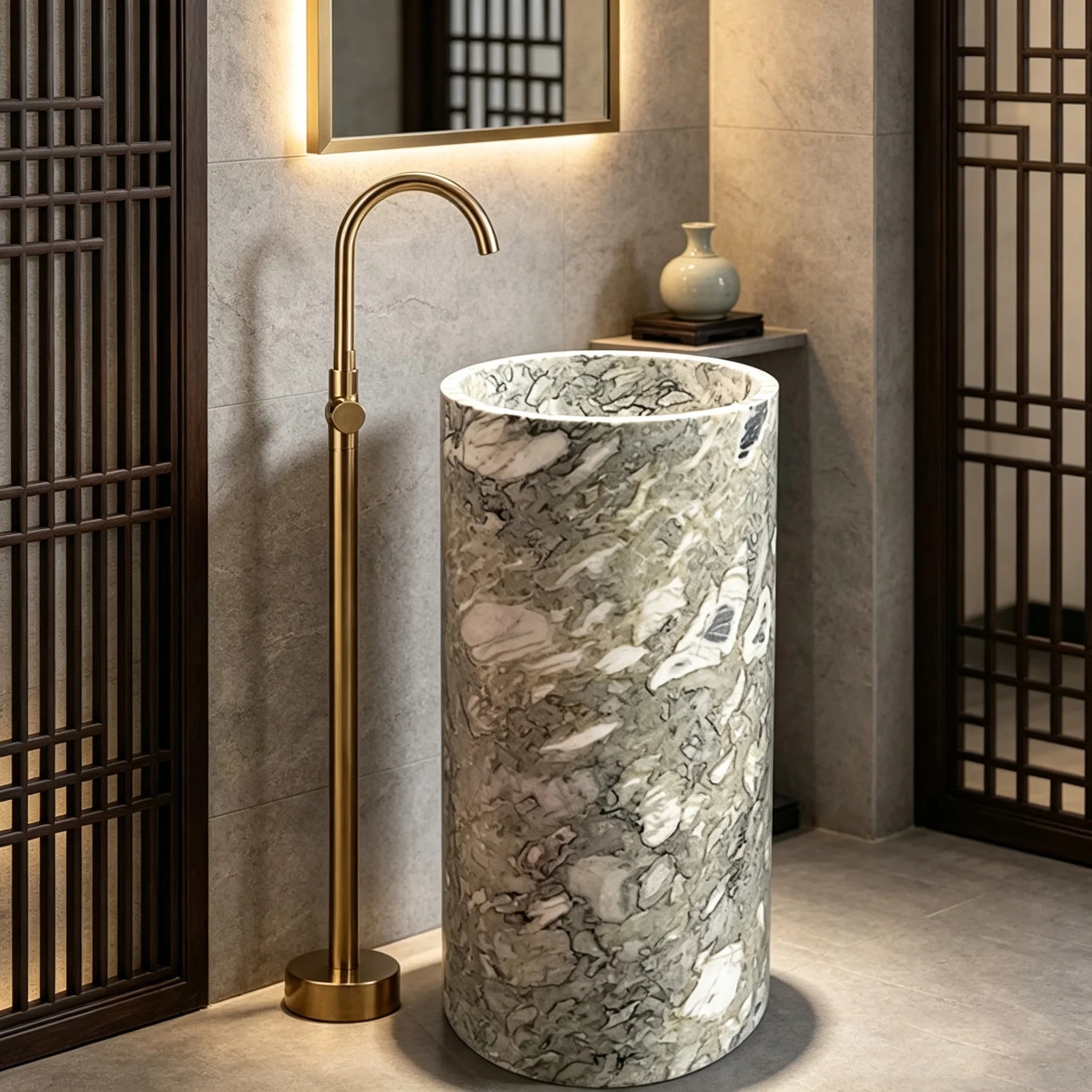 Premium Sculptural Cylindrical Pedestal Sink Unique Grey Patchwork Vein Solid Marble Freestanding Luxury Wash Lavatory - Image 5