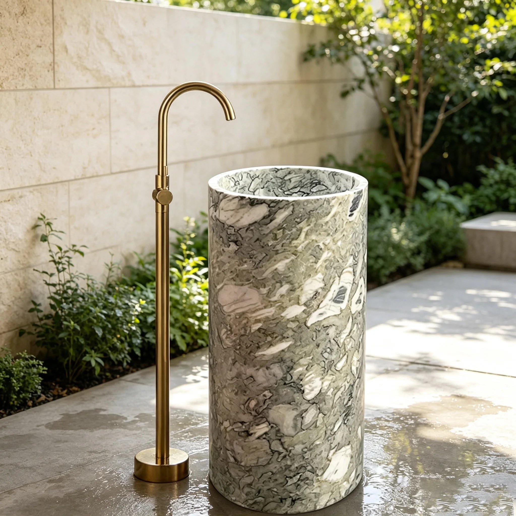 Premium Sculptural Cylindrical Pedestal Sink Unique Grey Patchwork Vein Solid Marble Freestanding Luxury Wash Lavatory - Image 6