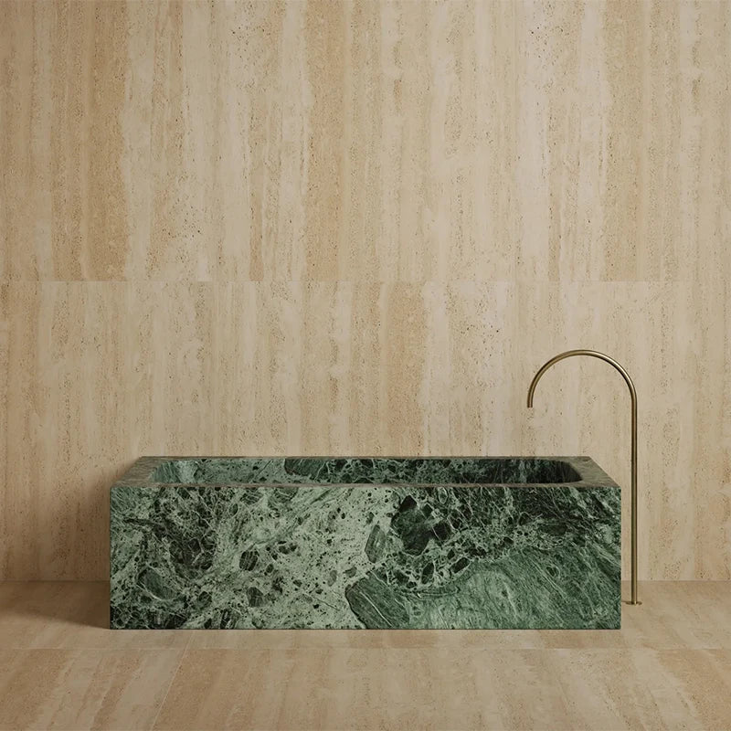 Thick Solid Cube Profile Freestanding Tub One Piece Natural Travertine Marble Multi Stone Grain Villa Master Bathroom Bathtub - Image 5