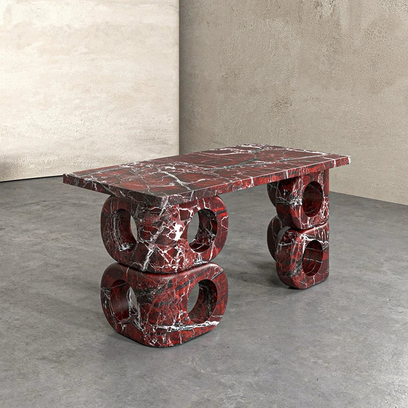 Dream Home Unique Veined Marble Console Table Dual Stack Hollow Round Cutout Block Leg Minimalist Sculpture Entrance Table - Image 10