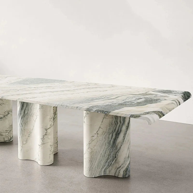 Modern Green Vein Marble Dining Table Rectangle Floating Top Wavy Stone Base Luxury Dining Furniture Dream Home - Image 2