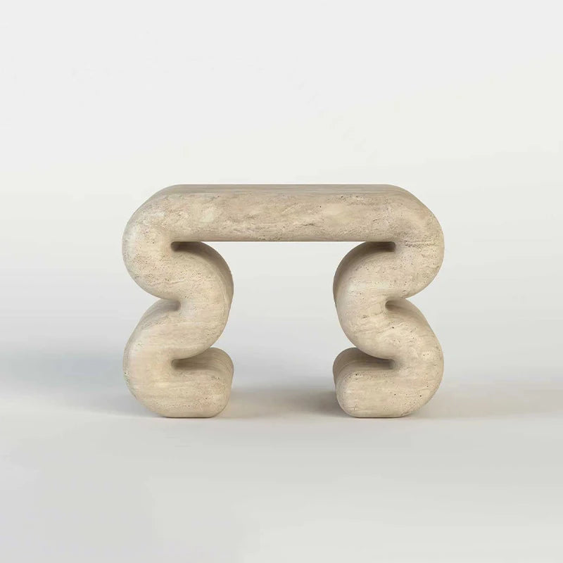 Dream Home Beige Natural Travertine Marble Side Table Square Soft Edge Double Wave Scroll Leg Minimalist Art Accent Table - Image 7