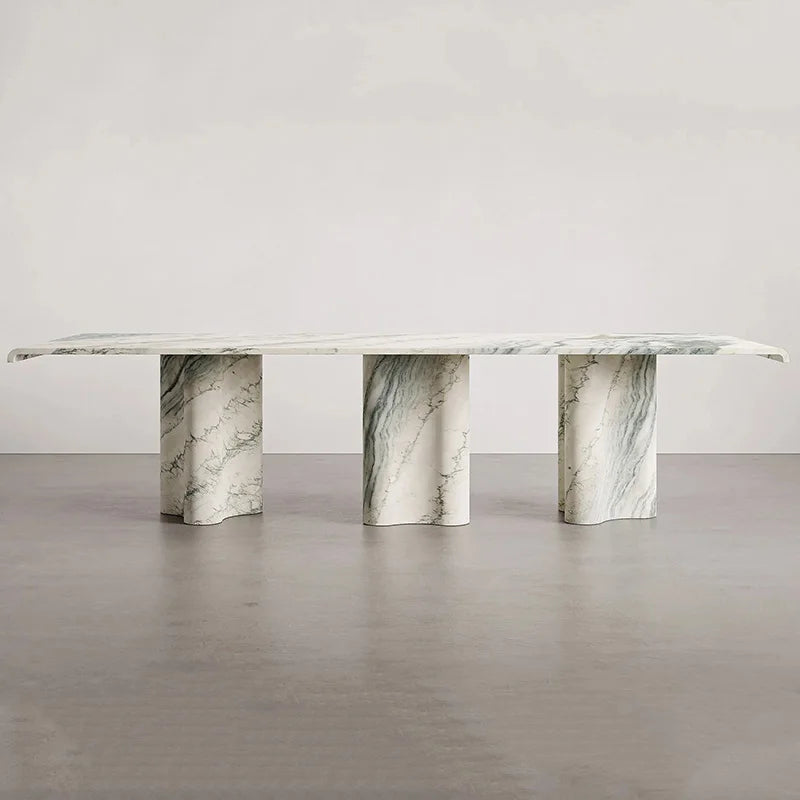 Modern Green Vein Marble Dining Table Rectangle Floating Top Wavy Stone Base Luxury Dining Furniture Dream Home - Image 7