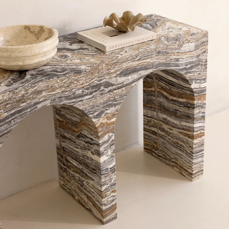 Dream Home Unique Twin Hollow Arch Marble Hall Desk Contrast Grey Brown Band Vein Hand Polished Natural Marble Furnishing - Image 5