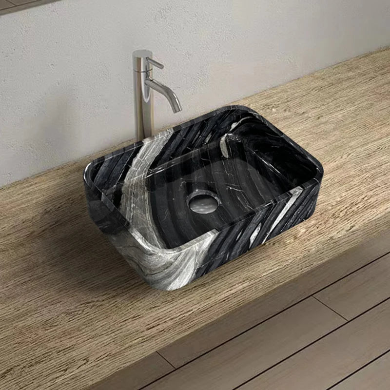 Striking Thick Rim Rectangular Countertop Sink Solid Natural Marble Flat Front Bowl Luxury Villa Restroom Vanity Basin - Image 10
