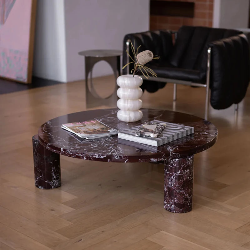 Dream Home Luxury Rosso Levanto Marble Coffee Table Round Top Two Thick Cylinder Legs Modern Living Room Center Table - Image 2