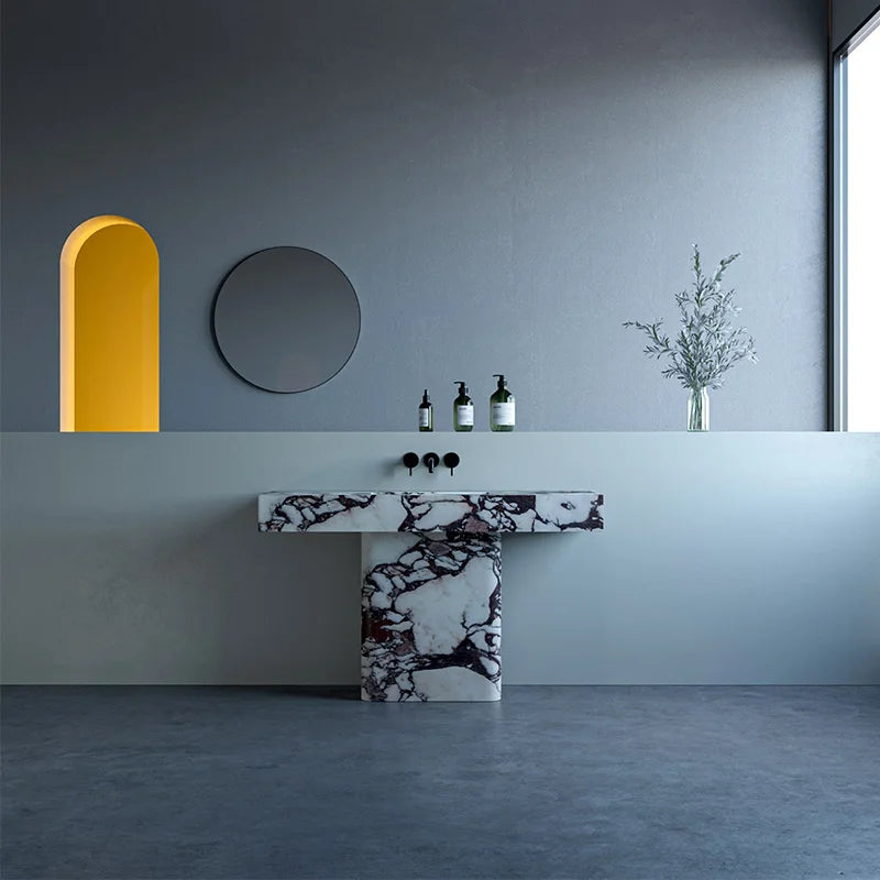 Dream Home T Shape Pedestal Marble Sink Table Integrated Carved Stone Wash Basin For Luxury Bathroom Renovation Project - Image 7