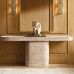 Single Cylinder Pedestal Travertine Marble Console Table Rounded Edge Long Top Wabi Sabi Entryway Stone Accent Console Furniture