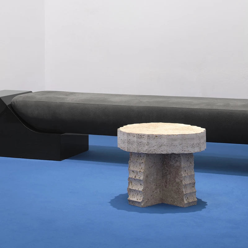 Dream Home Travertine Side Table Scalloped Zigzag Edge Round Top Stepped Carved Base Wabi Sabi Living Room Accent Table - Image 5