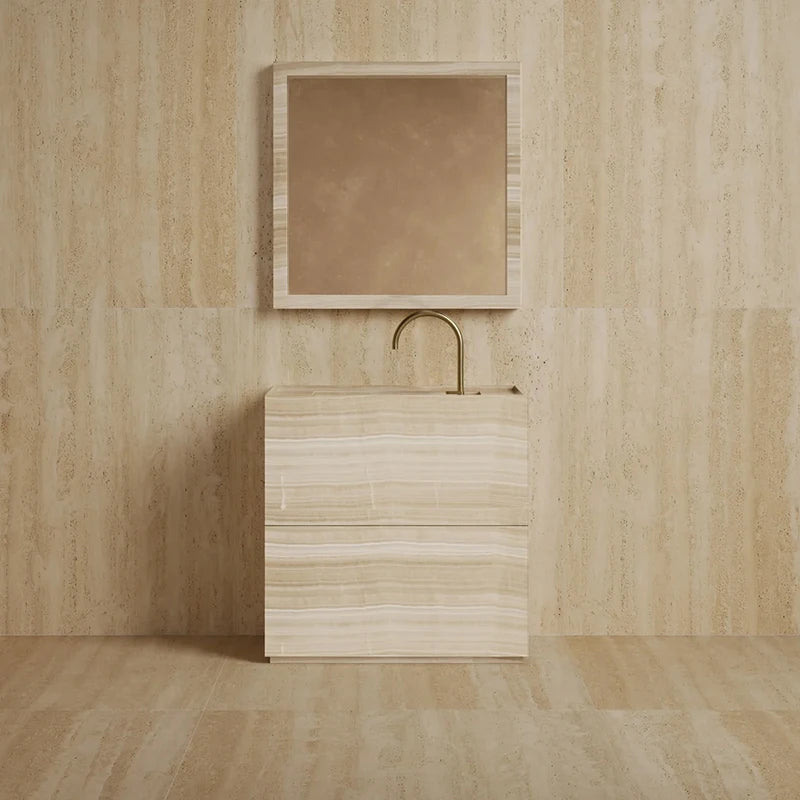 Dream Home Viral Cube Floating Stone Vanity Single Recessed Sink Matching Square Stone Mirror Wabi Sabi Bath Cabinet - Image 3