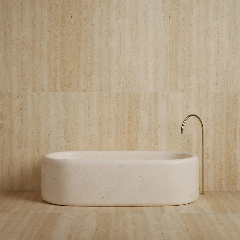Thick Solid Cube Profile Freestanding Tub One Piece Natural Travertine Marble Multi Stone Grain Villa Master Bathroom Bathtub - Image 9