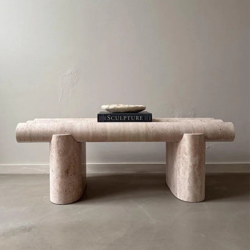Dream Home Premium Stacked Cylinder Marble Coffee Table Hand Carved Travertine Neutral Tone Lounge Table - Image 2