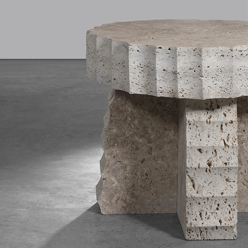 Dream Home Travertine Side Table Scalloped Zigzag Edge Round Top Stepped Carved Base Wabi Sabi Living Room Accent Table - Image 4