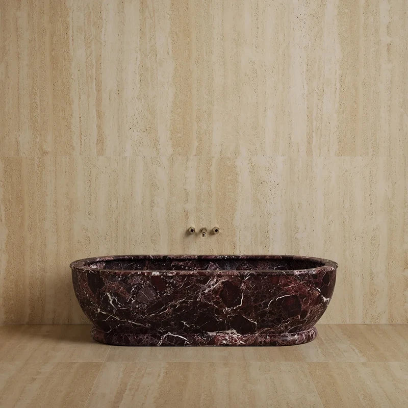 Full Integrated Solid Stone Soaking Tub Elongated Rounded Oval Shape Multi Natural Stone Vein Villa Master Bathroom Bathtub - Image 3
