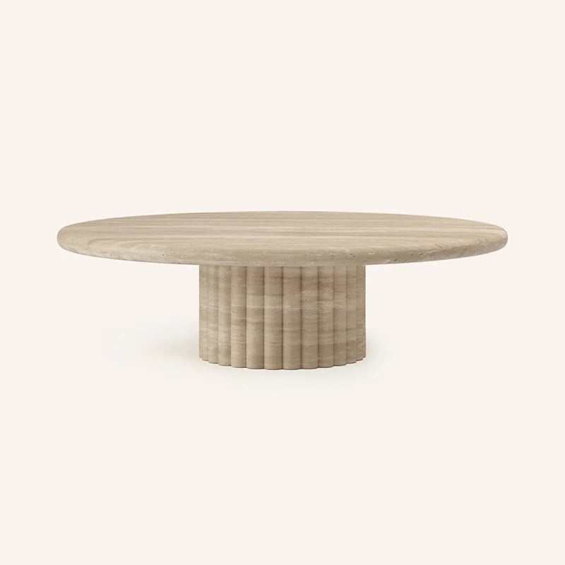 Dream Home Premium Sculptural Ribbed Base Coffee Table Large Round Marble Top Rustic Natural Stone Living Room Table