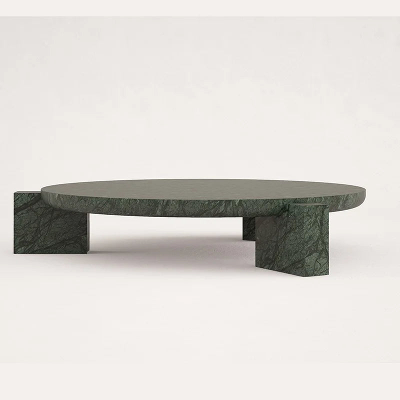 Green Marble Round Coffee Table Solid Block Leg Minimalist Sculpture Living Room Center Table Dream Home - Image 3