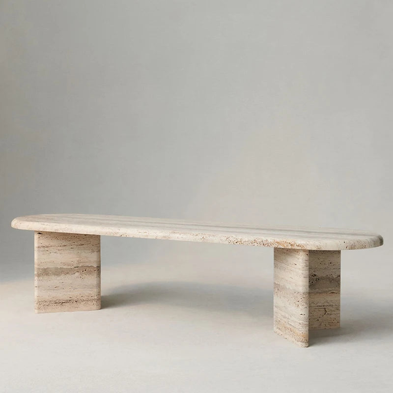 Modern Beige Travertine Coffee Table Oval Stone Top Dual Block Base Elegant Villa Living Room Furniture - Image 2