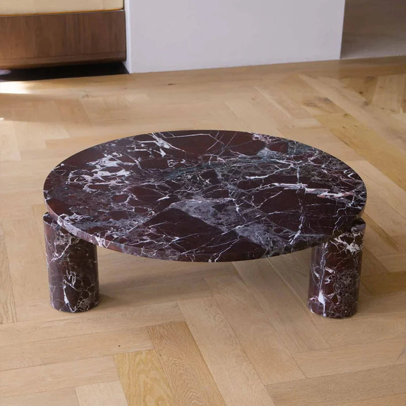 Dream Home Luxury Rosso Levanto Marble Coffee Table Round Top Two Thick Cylinder Legs Modern Living Room Center Table - Image 4