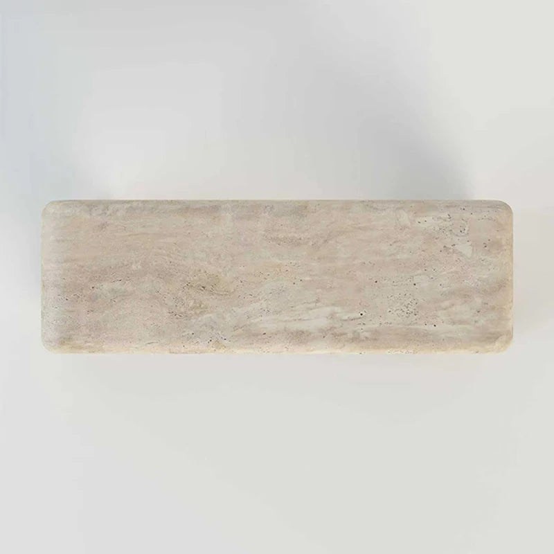 Beige Travertine Marble Console Table Long Rounded Rectangular Top Double Wave Scroll Leg Minimalist Wabi Accent Table - Image 3