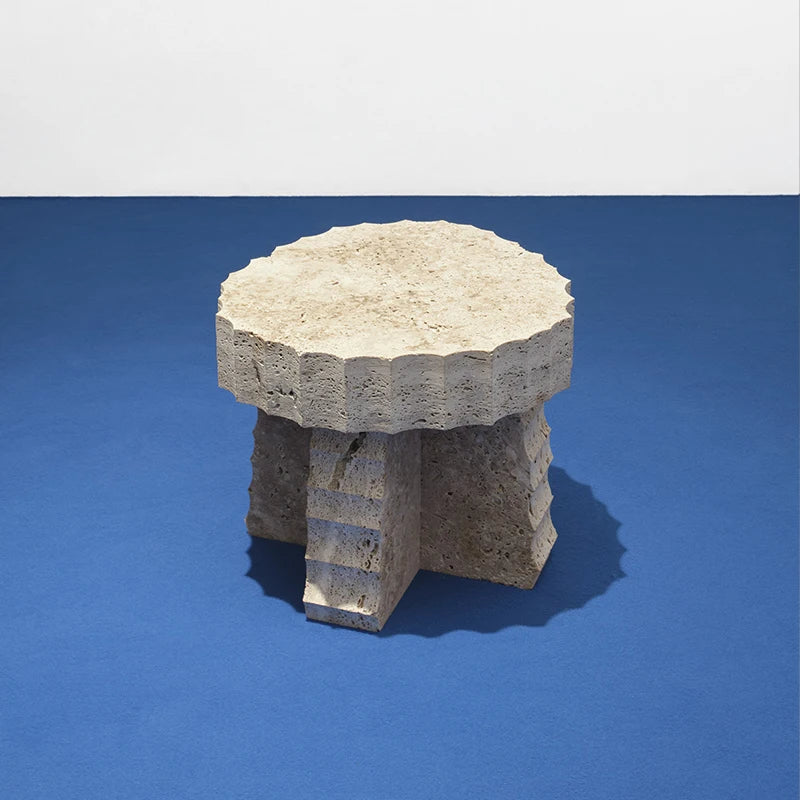 Dream Home Travertine Side Table Scalloped Zigzag Edge Round Top Stepped Carved Base Wabi Sabi Living Room Accent Table - Image 6