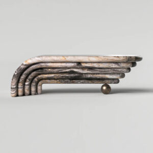 Grey Gold Vein Marble Coffee Table Multi Layer Curved Waterfall Form With Bronze Ball Support Modern Luxury Center Table