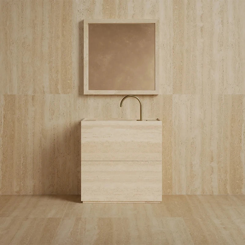 Dream Home Viral Cube Floating Stone Vanity Single Recessed Sink Matching Square Stone Mirror Wabi Sabi Bath Cabinet