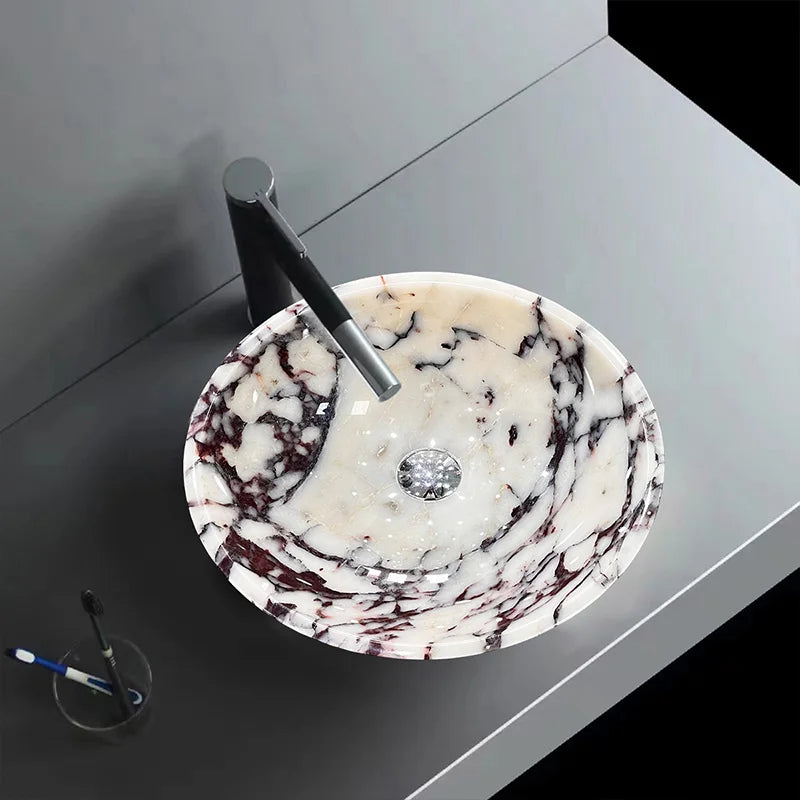 Viral Classic Round Marble Vessel Basin Diverse Natural Mineral Vein Freestanding On Counter Sink Wabi Sabi Bathroom Fixture - Image 3