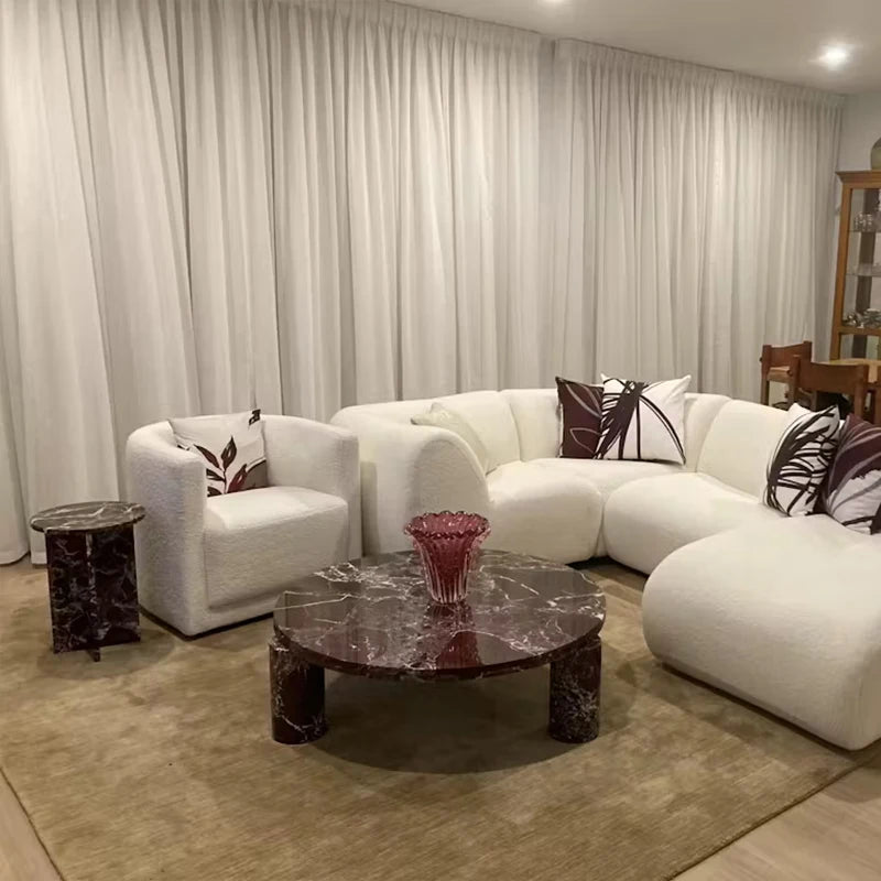 Dream Home Luxury Rosso Levanto Marble Coffee Table Round Top Two Thick Cylinder Legs Modern Living Room Center Table - Image 6