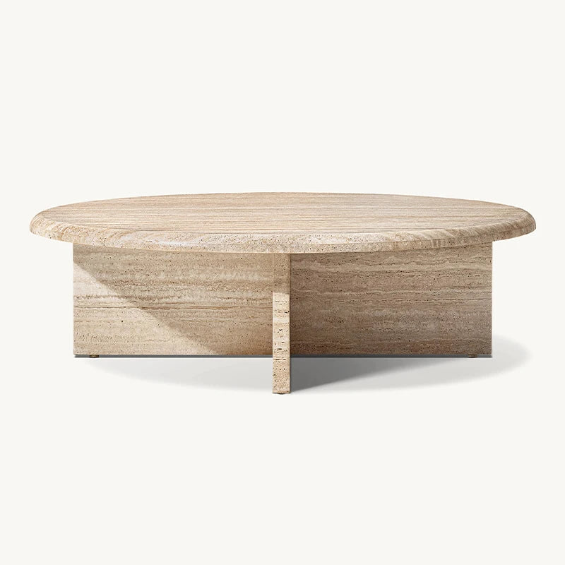 Natural Banded Travertine Center Table Partial Surround Base Solid Stone Construction Villa Living Room Focal Furniture - Image 3