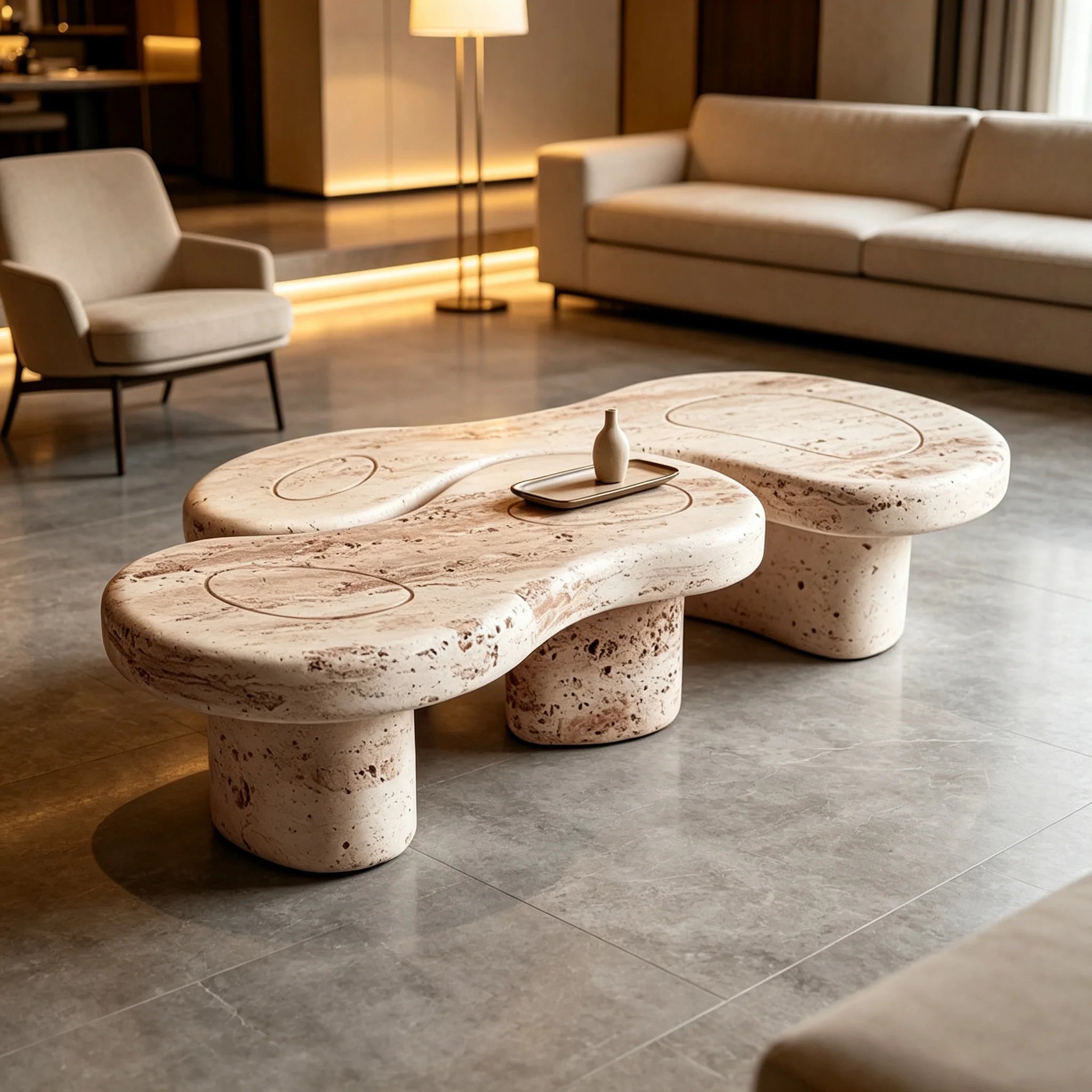 Natural Travertine Marble Cloud Shape Coffee Table Multi Cylinder Legs Organic Wabi Sabi Living Room Table Dream Home - Image 5