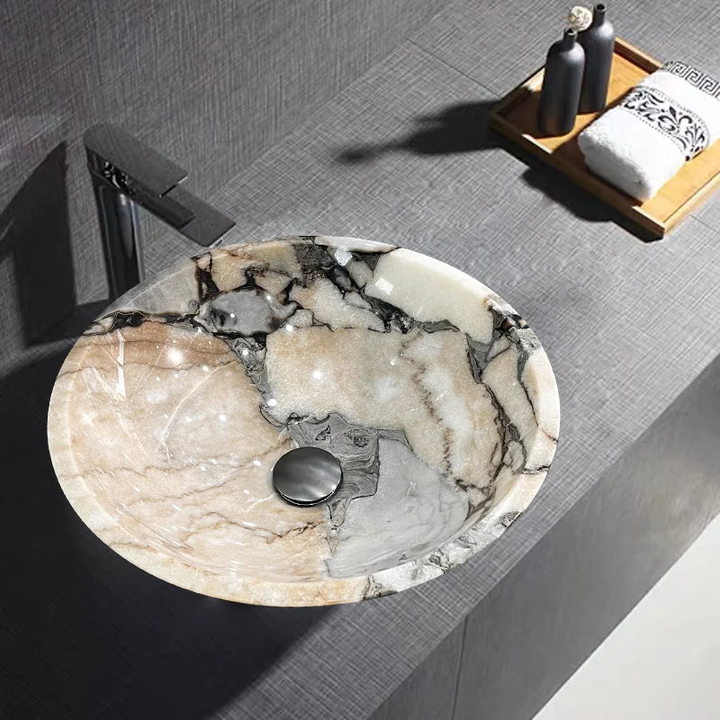 Viral Classic Round Marble Vessel Basin Diverse Natural Mineral Vein Freestanding On Counter Sink Wabi Sabi Bathroom Fixture - Image 5