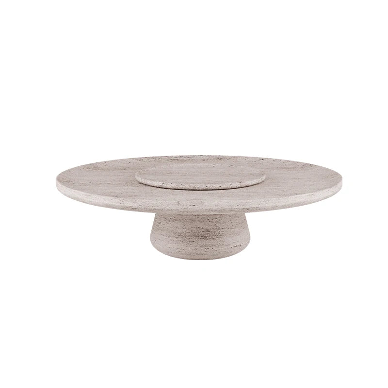 Dream Home Textured Travertine Marble Coffee Table Recessed Mini Round Insert Taper Conical Pedestal Neutral Home Decor Table