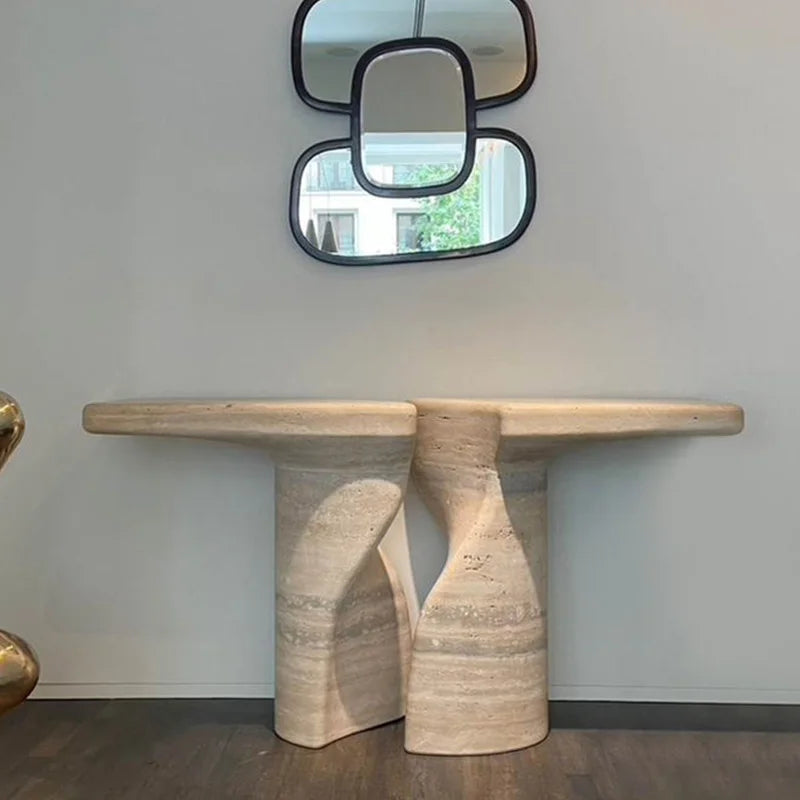 Split Curved Twist Leg Entry Table Polished Banded Travertine Slab Abstract Organic Sculpture Neutral Hall Marble Table - Image 3