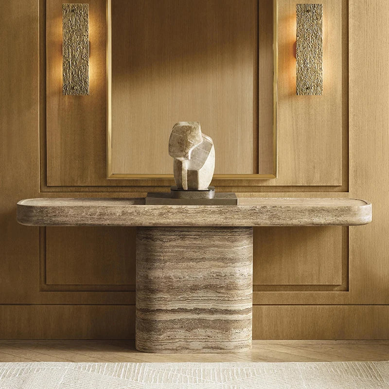 Single Cylinder Pedestal Travertine Marble Console Table Rounded Edge Long Top Wabi Sabi Entryway Stone Accent Console Furniture - Image 2