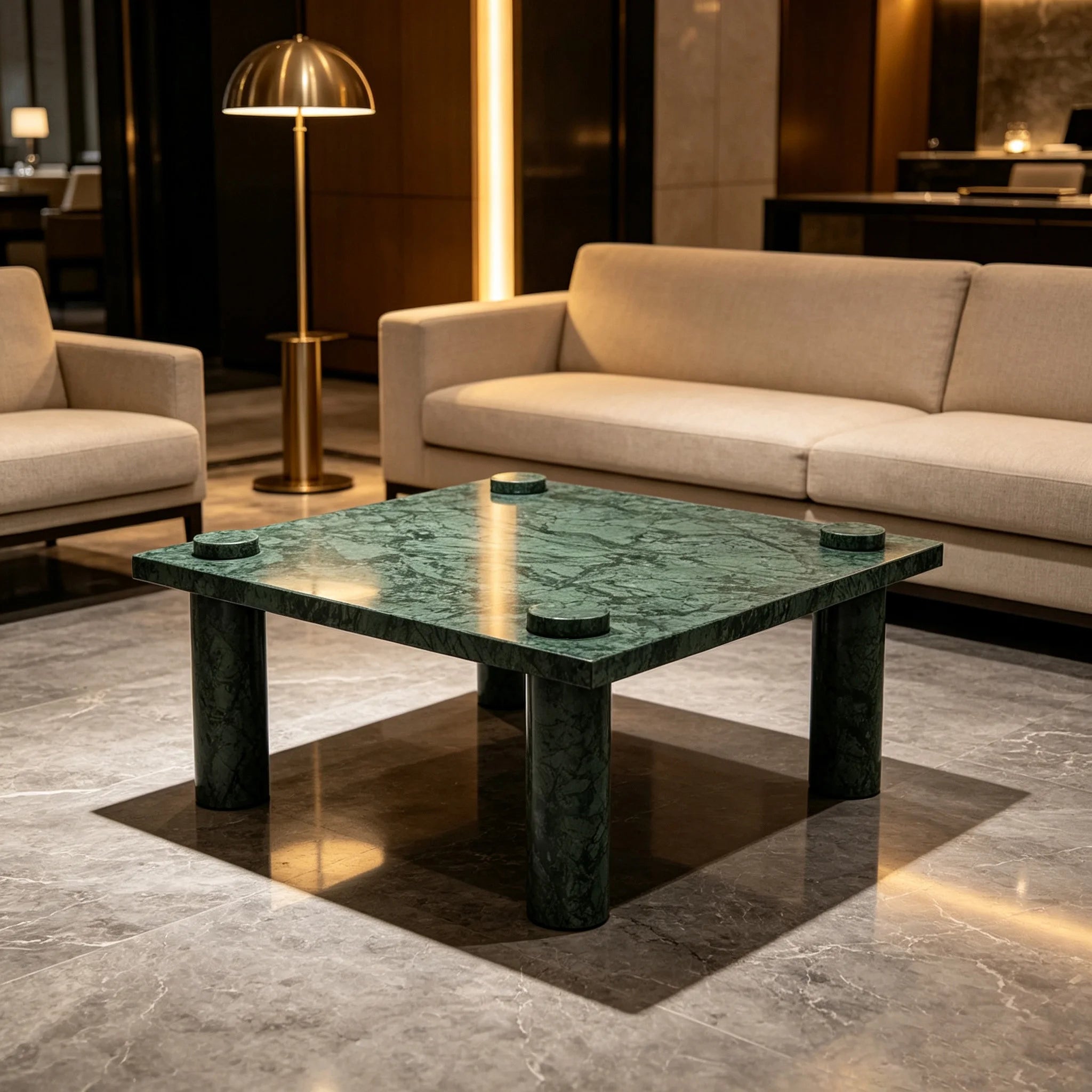 Dream Home Dazzling Four Round Leg Green Marble Coffee Table Square Flat Top Modern Minimalist Living Center Table - Image 4