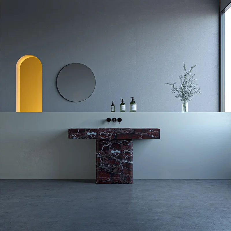 Dream Home T Shape Pedestal Marble Sink Table Integrated Carved Stone Wash Basin For Luxury Bathroom Renovation Project - Image 4