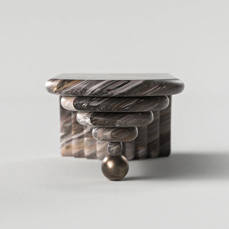 Grey Gold Vein Marble Coffee Table Multi Layer Curved Waterfall Form With Bronze Ball Support Modern Luxury Center Table - Image 3
