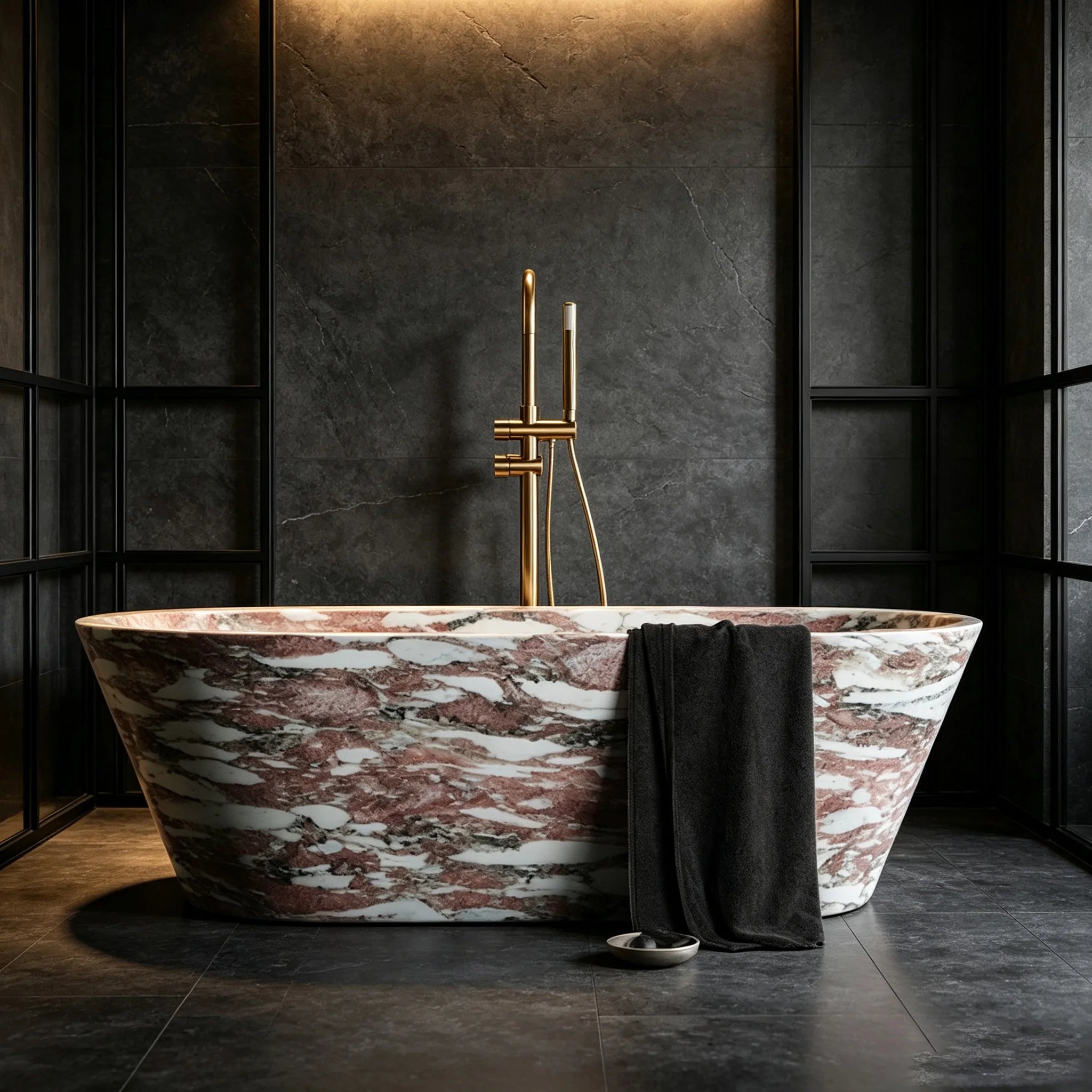Rosy Breccia Marble Freestanding Bathtub Elongated Ellipse With Flared Rim Natural Pink White Fragment Vein Solid Stone Spa Tub - Image 5