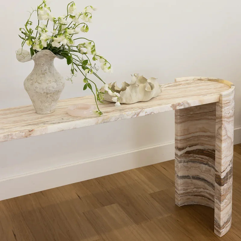 Dream Home Eye Grabbing Dual Curved End Plinth Marble Foyer Table Whole Slab Banded Onyx Hotel Lobby Decor Console - Image 3