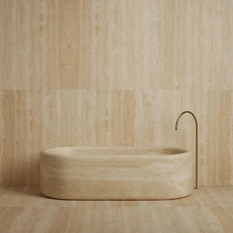 Thick Solid Cube Profile Freestanding Tub One Piece Natural Travertine Marble Multi Stone Grain Villa Master Bathroom Bathtub - Image 7