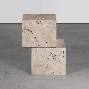 Dream Home Travertine Side Table Offset Stacked Double Cube Design Curved Interlocking Joint Wabi Sabi Living Room Accent Table
