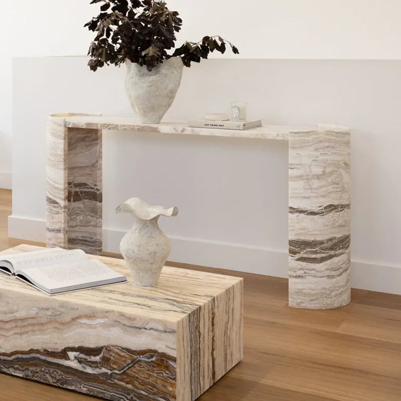Dream Home Eye Grabbing Dual Curved End Plinth Marble Foyer Table Whole Slab Banded Onyx Hotel Lobby Decor Console - Image 2
