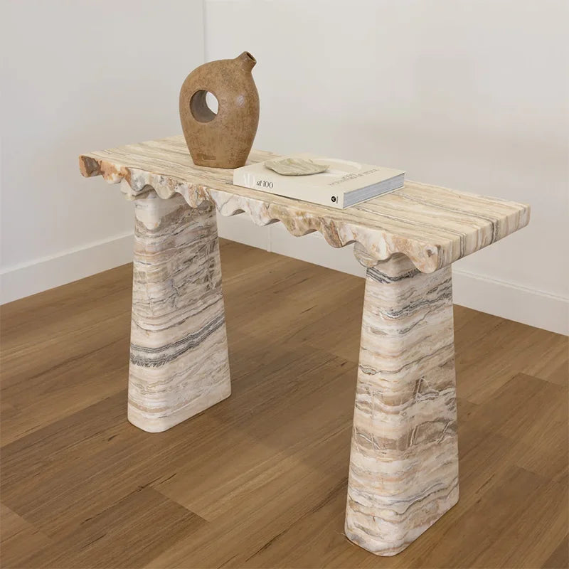 Dream Home Unique Rippled Border Marble Console Desk Dual Slanted Travertine Support Home Entrance Display Table - Image 2