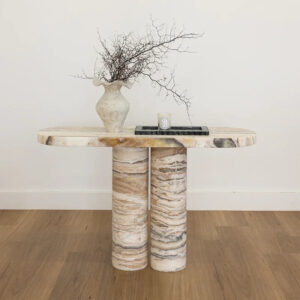 Dream Home Blockbuster Oval Slab Marble Console Table Twin Thick Cylindrical Travertine Pillar Entryway Display Desk