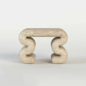 Dream Home Beige Natural Travertine Marble Side Table Square Soft Edge Double Wave Scroll Leg Minimalist Art Accent Table