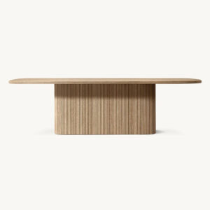 Dream Home Weathered Natural Oak Dining Table Full Length Fluted Solid Base Organic Racetrack Top High End Interior Dining Table