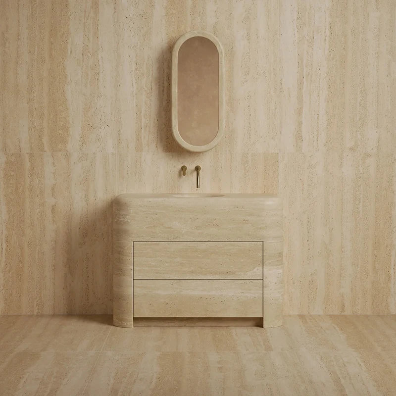 Dream Home Head Turning Pillow Shape Travertine Vanity Freestanding Integrated Basin Minimalist Luxury Bath Sink Unit - Image 7